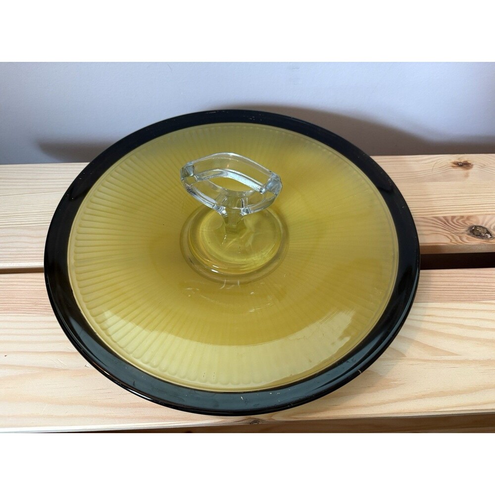 Vintage MCM Glass Sandwich/Snack Platter W/ Handle Yellow Green Glass Black Trim
